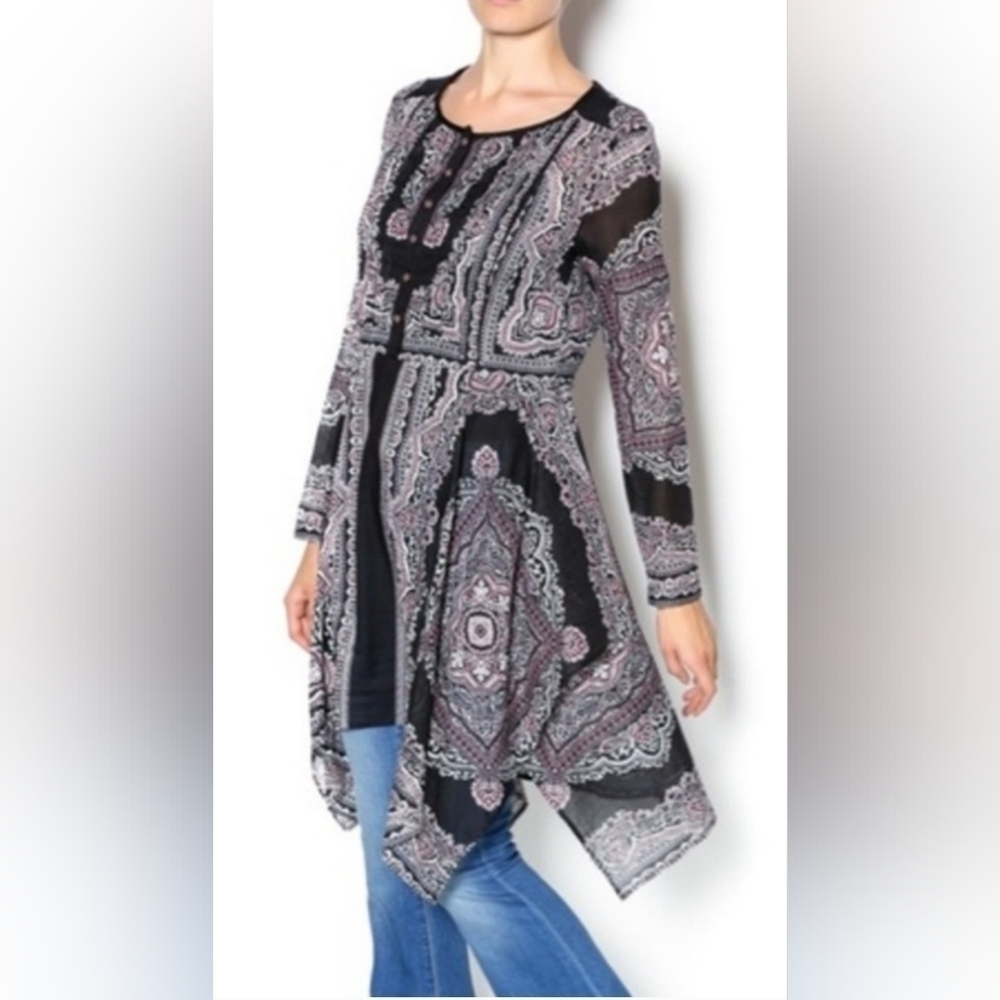 Aratta Silent Joirney Blue/Pink Boho Asymeteical Hem Lightweight Tunic Top Sz L